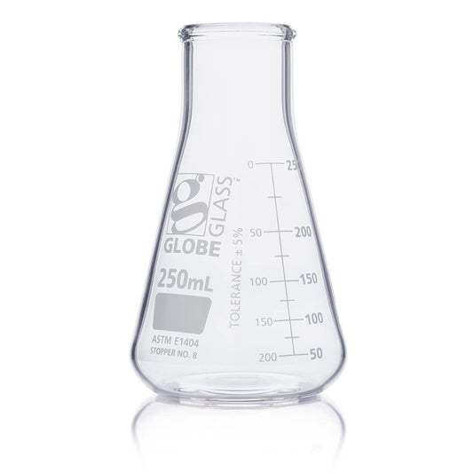 Erlenmeyer Flask, Globe Glass, 250mL, Wide Mouth, Dual Graduations, 3.3 Borosilicate Glass, ASTM E1404, 12/Box