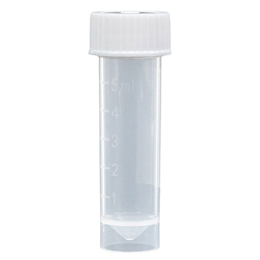 Globe Scientific 6101C Polypropylene Molded Graduations Conical Bottom Self Standing Transport Tubes with Attached White Polyethylene Screw Cap, 5ml Capacity, Pack of 1000