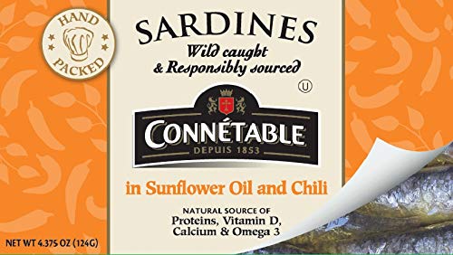 Sardines | Connetable | Sardines in Sunflower oil and Chili | 4.375 Ounce | Pack of 12