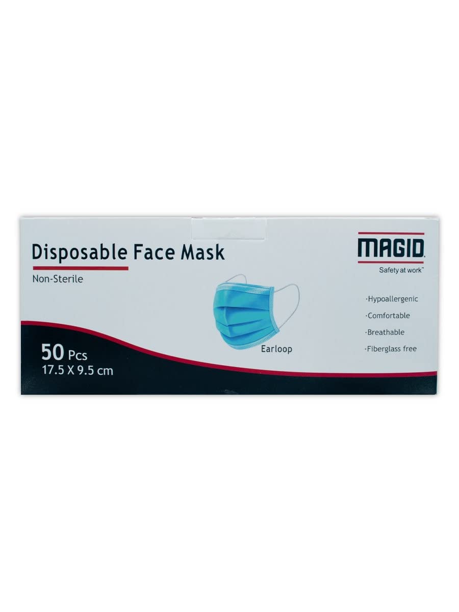 MAGID MM001 Disposable Face Masks with Adjustable Nose Clip, Triple-Layer Construction, Non-Woven Material, Blue