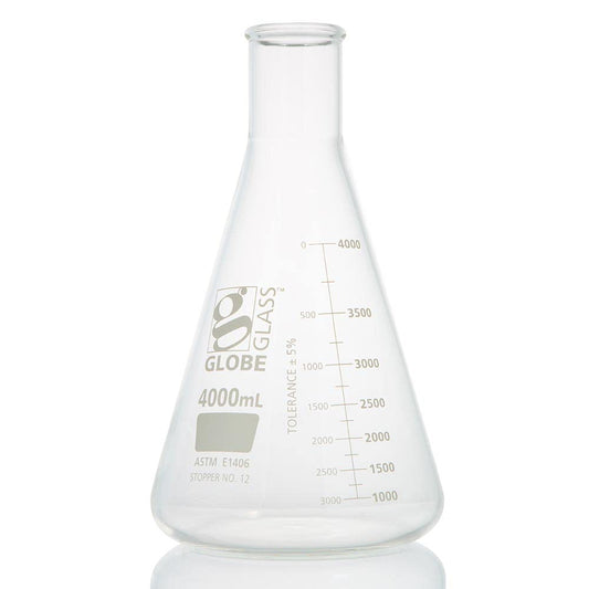 Globe Glass, Erlenmeyer Flask, 4000mL, Heavy Duty, Narrow Mouth, Dual Graduations, ASTM E1406, 1/Box