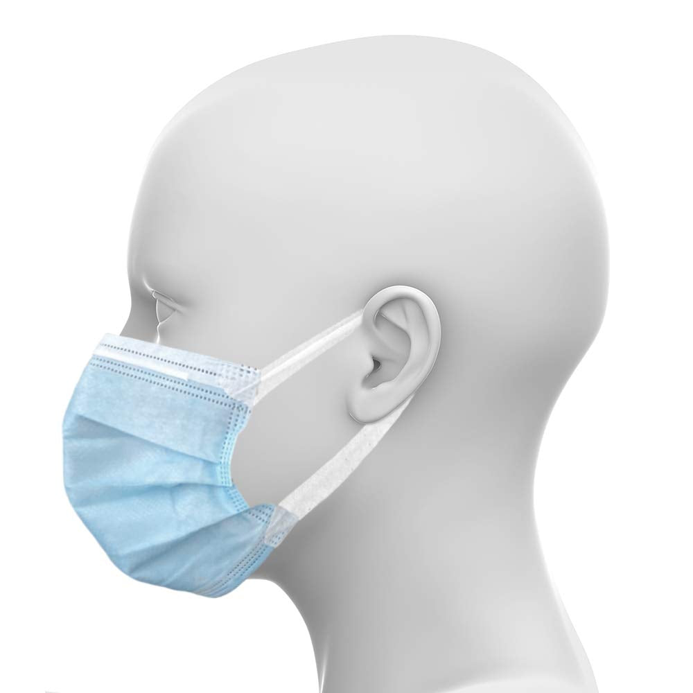 PPE201DMM001 Single Use Pullout Comfort Earloop Disposable Face Mask, Latex Free, Blue, Pack of 50