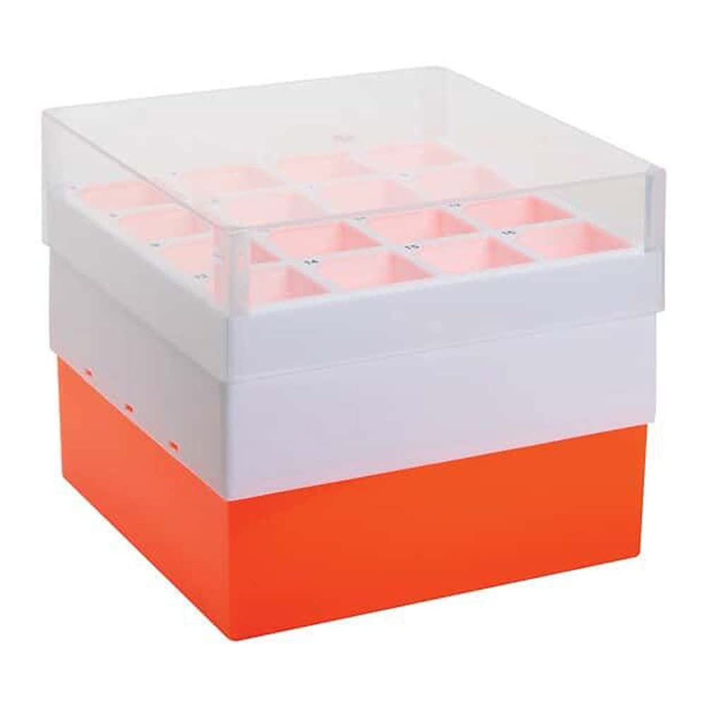 Argos R0050 Orange Polypropylene 16 Place Centrifuge Tube Freezer Storage Box with Clear Lid for 50mL Centrifuge Tubes, 5-3/4" Length x 5-3/4" Width x 4-7/8" Height (Pack of 2)