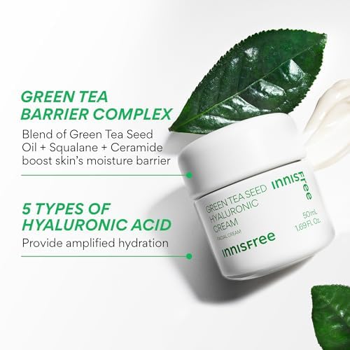 innisfree Green Tea Seed Hyaluronic Acid Cream with Skin Barrier Boosting Complex & Ceramide, Hydrating Korean Face Moisturizer Available in Sets & Jumbo