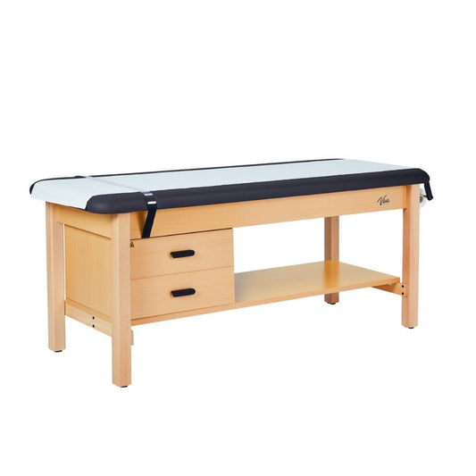 Aristo H-Brace Wooden Flat Treatment Table with Shelf and Drawers, 500 lbs Weight Capacity, Black