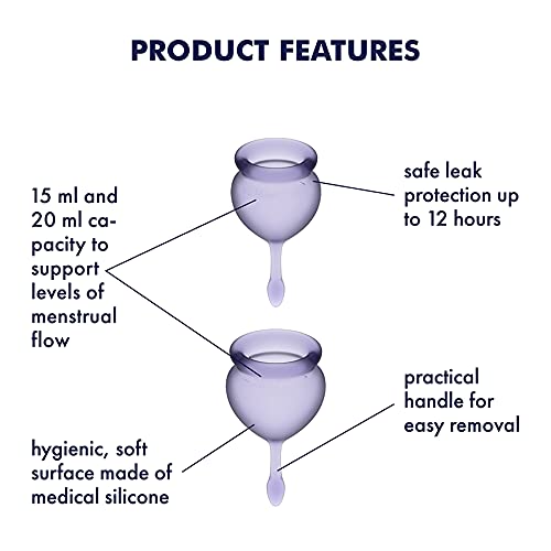Satisfyer Feel Good Menstrual Cup - Reusable Period Cup with Removal Stem - Soft, Flexible Body-Safe Silicone, Easy Insertion & Removal - Includes 2 Cup Sizes for All Flows (Purple)