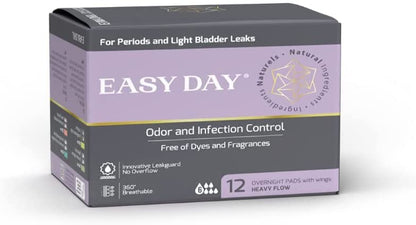 EASYDAY Overnight Heavy Flow(2-in-1 Period & Light Bladder Leakage Feminine Pads) Wings, Sensitive Skins, Unscented, Breathable, Ultra Thin Innovative Leak Guard, Individually Wrapped (12)