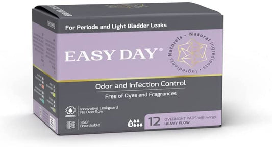 EASYDAY Overnight Heavy Flow(2-in-1 Period & Light Bladder Leakage Feminine Pads) Wings, Sensitive Skins, Unscented, Breathable, Ultra Thin Innovative Leak Guard, Individually Wrapped (12)
