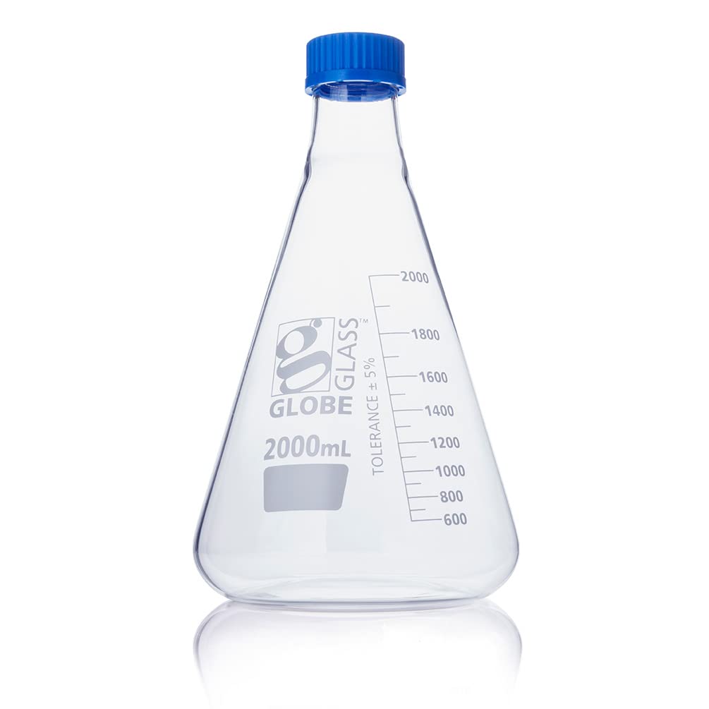 Erlenmeyer Flask, Globe Glass, 2000mL, Screw Cap, Dual Graduations, 3.3 Borosilicate Glass, ASTM E1404, 1/Box