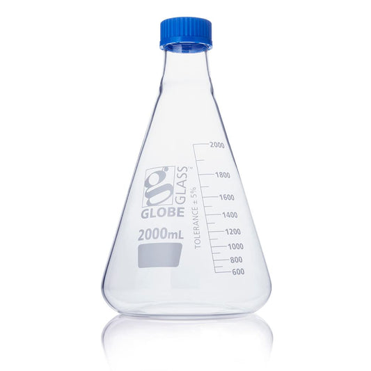 Erlenmeyer Flask, Globe Glass, 2000mL, Screw Cap, Dual Graduations, 3.3 Borosilicate Glass, ASTM E1404, 1/Box