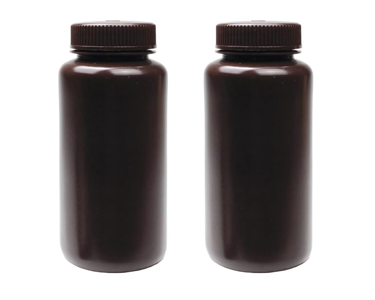 United Scientific® 33465PK2 - Sample Containers with Lids - Laboratory Grade Amber HDPE Wide Mouth Reagent Bottle - 16 Oz Bottles (500ml) Multi-Purpose Plastic Bottles with Lids, Pack of 2