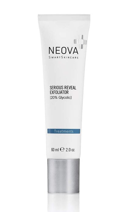 NEOVA SmartSkincare Serious Reveal Exfoliator 20% Glycolic stimulates cell turnover, refines skin texture, and reduces pore size.