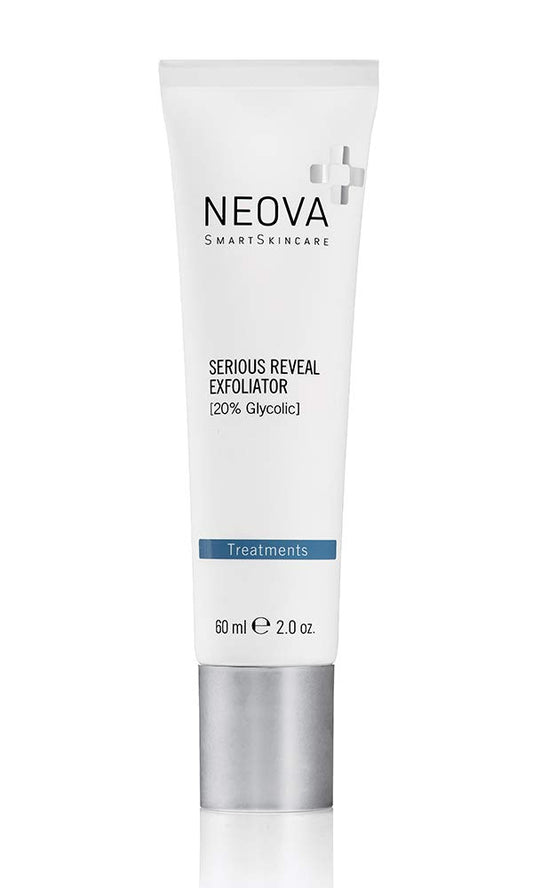 NEOVA SmartSkincare Serious Reveal Exfoliator 20% Glycolic stimulates cell turnover, refines skin texture, and reduces pore size.