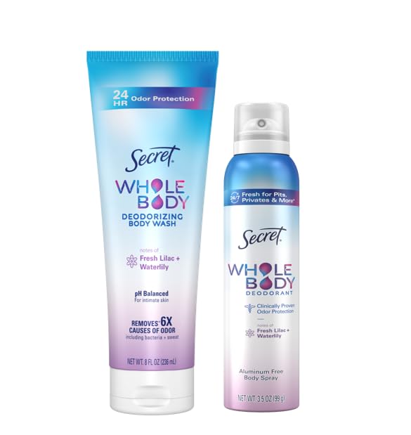 Secret Whole Body Feminine Wash + Deodorant Spray Bundle for Women, Lilac + Waterlily Scent, Aluminum Free, Odor Protection, 8 oz & 3.5 oz (Pack of 2)