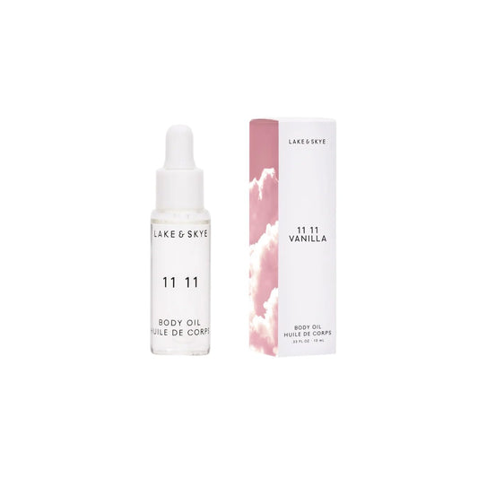Lake & Skye 11 11 Vanilla Body Oil, 10mL, Subtle Musk & Vanilla Scent, Hydrating All-Over Moisturizer with Almond Oil, Vitamin E, Paraben-Free, Vegan, Nourishes & Softens Dry Skin, Sample