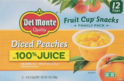DEL MONTE Diced Peaches FRUIT CUP Snacks in 100% Fruit Juice, 12 Pack, 4 oz