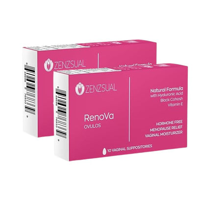 ZENZSUAL Renova Ovulos Moisture Support Suppositories, 20 Inserts (2 Boxes) – Extra Strength Feminine Dryness Support - Moisture Care with 10mg Hyaluronic Acid, Vitamin E, Flaxseed Oil & Cocoa Butter