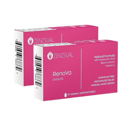 ZENZSUAL Renova Ovulos Moisture Support Suppositories, 20 Inserts (2 Boxes) – Extra Strength Feminine Dryness Support - Moisture Care with 10mg Hyaluronic Acid, Vitamin E, Flaxseed Oil & Cocoa Butter