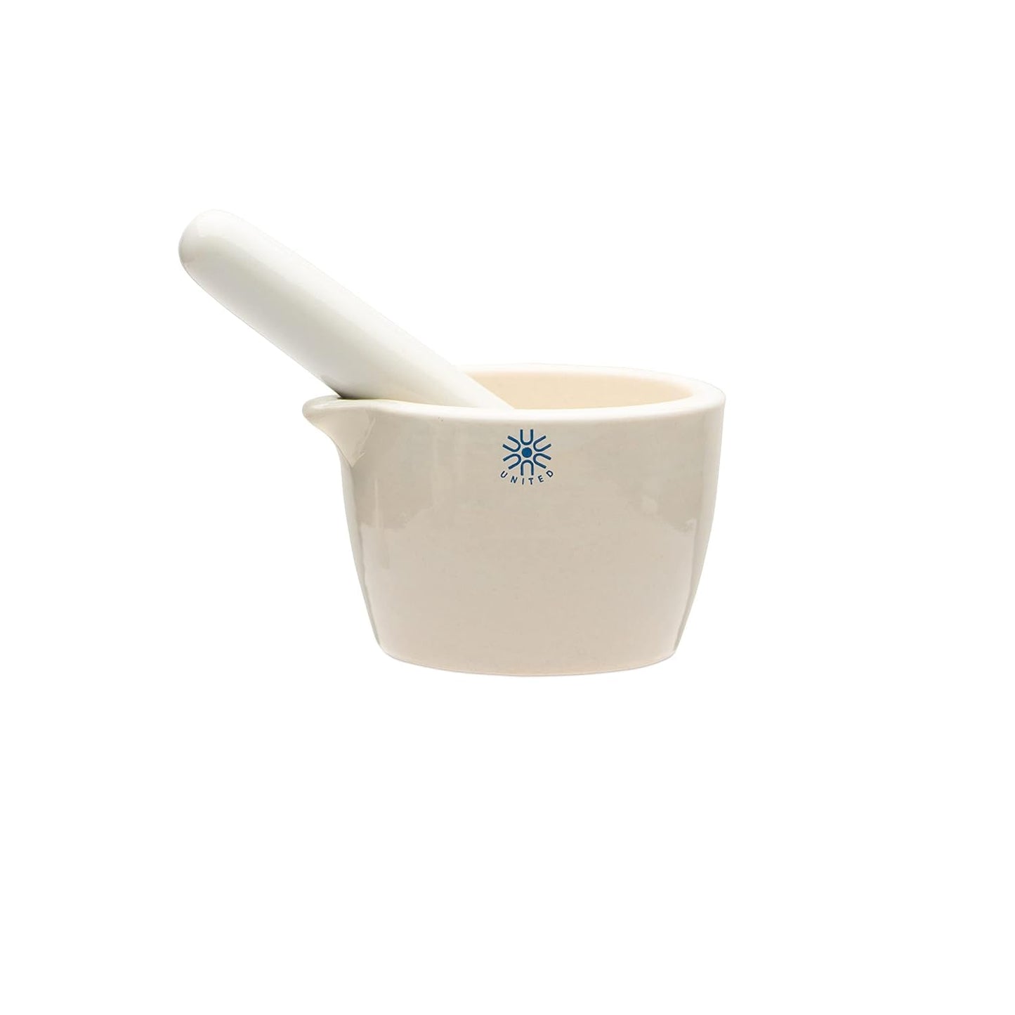 United Scientific™ Ceramic Mortar and Pestle Set - 70mL Capacity, 2.75" Diameter Pill Crusher - Deep Form Grinding Bowl with Pour Spout, Unglazed Pill Grinder Surface for Kitchen or Lab Use