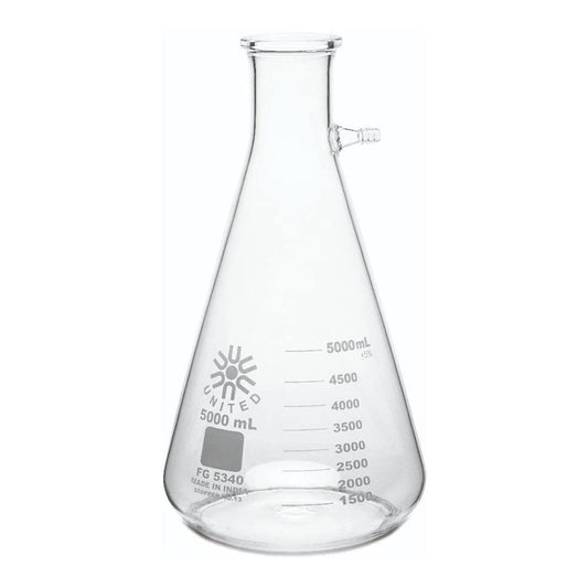 United Scientific™ FG5340-5000 Laboratory Grade Borosilicate Glass Heavy Wall Filtering Flask, Bolt Neck with Tubulation, 5000mL (5L) Capacity