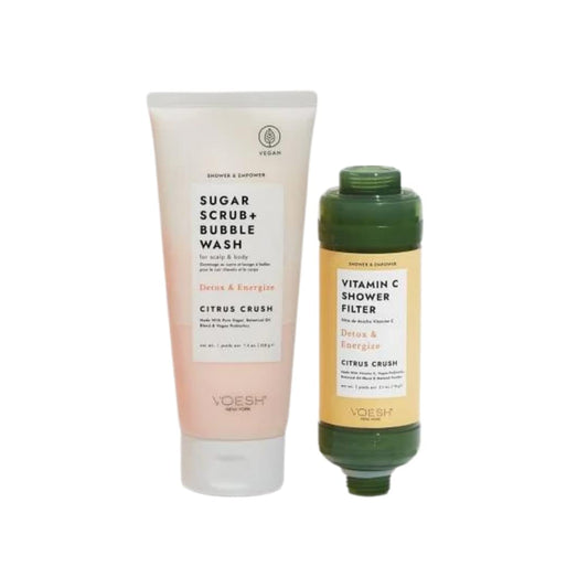 VOESH Shower & Empower Duo, Vitamin C Shower Filter, Exfoliating Sugar Scrub, Body Wash, Clean Shower Care Set, Vegan Skincare, Spa Gift, Clean Beauty