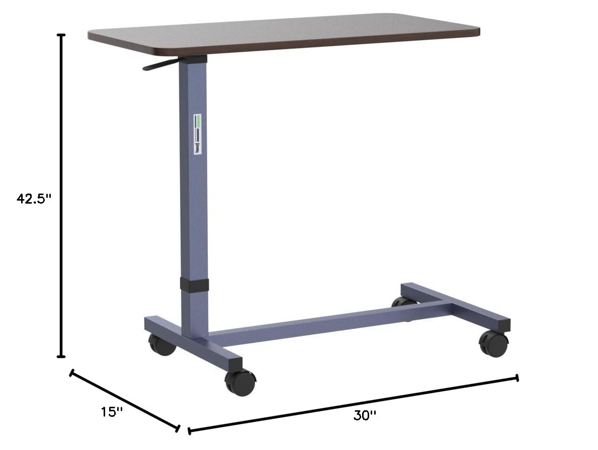 Essential Medical Supply Height Adjustable Automatic Overbed Table - Woodgrain Top with Locking Wheels, Perfect for Hospital and Home Use - Table for Easy Access and Convenience for Adults and Seniors