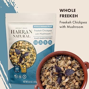 Harran Natural Whole Freekeh Pilaf, Chickpea & Mushroom, Ready to Eat Healthy Superfood Meal, Non-GMO, No Preservatives, Vegan, Plant-Based Protein, 6.6 oz