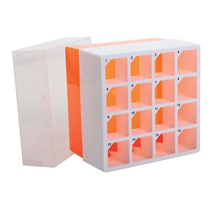 Argos R0050 Orange Polypropylene 16 Place Centrifuge Tube Freezer Storage Box with Clear Lid for 50mL Centrifuge Tubes, 5-3/4" Length x 5-3/4" Width x 4-7/8" Height (Pack of 2)