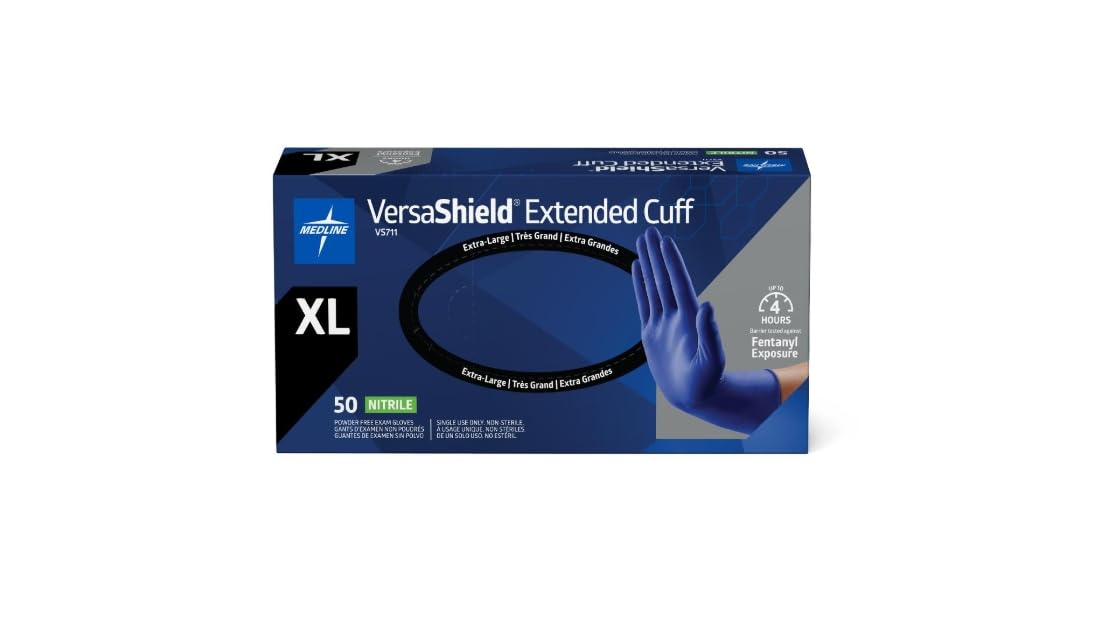 Medline VersaShield Extended Cuff Powder-Free Nitrile Exam Gloves, Size XL
