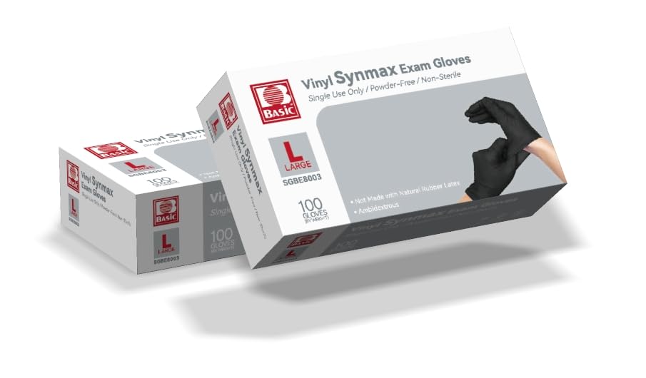Basic Disposable Medical Synmax Vinyl Exam Gloves- 4 mil Safty Glove 1000pcs - Latex-Free & Powder-Free - SGBE 8003, Large (Case of 1000, Black)