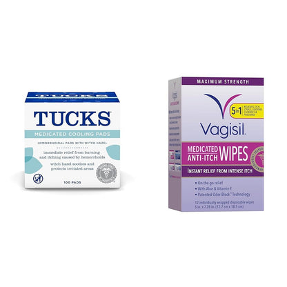 TUCKS Medicated Cooling Pads, 100 Count and Vagisil Anti-Itch Medicated Feminine Wipes, Maximum Strength, 12 Wipes