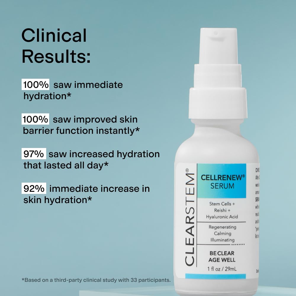 CLEARSTEM - CELLRENEW - Collagen Stem Cell Serum - Acne + Youthful Skin Face Serum - Hyaluronic Acid, Reishi, Aloe Vera - Facial Skin Care Products - Gluten Free, Cruelty Free - 1 fl oz / 29ml
