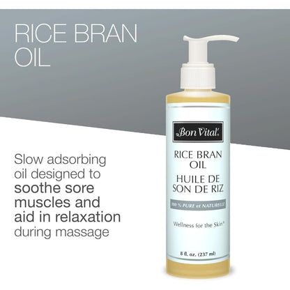 Bon Vital' Rice Bran Oil, 100% Pure and Cold Pressed Carrier Oils for Diffusers, Professional Massage Oil, Best Beauty Secret for Soft & Smooth Skin, Moisturizer & Sore Muscle Relief, 8 Ounce Bottle