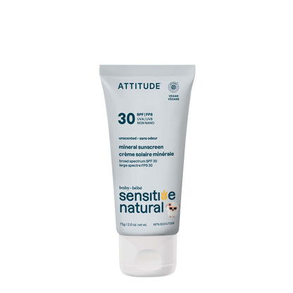 ATTITUDE Mineral Sunscreen for Baby and Kids with Sensitive Skin, EWG Verified, Broad Spectrum UVA/UVB, Dermatologically Tested, Plant and Mineral-Based Formula, Vegan, SPF 30, Unscented, 2.6 Oz