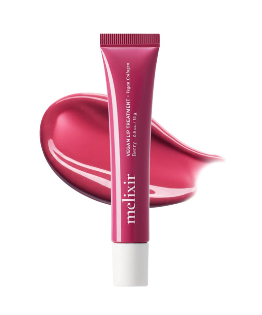 Melixir Vegan Lip Treatment, Sheer Tinted Lip Balm for Instant Hydration & Shine, Moisturizing Lip Gloss, Infused with Vegan Collagen & Jojoba Oil, Cruelty-Free, Korean Skincare-4 Berry(0.5oz/15g)
