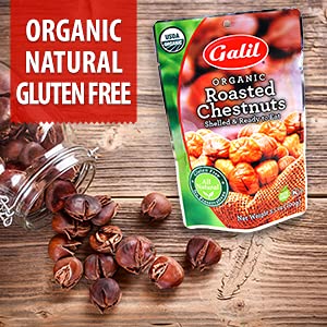 Galil Organic Roasted Chestnuts | Shelled | Ready to Eat Snack | Gluten Free, All Natural, 100% Vegan, No Preservatives | Great for Snacking, Baking, Cooking & Turkey Stuffing | 3.5oz Bags (Pack of 3)