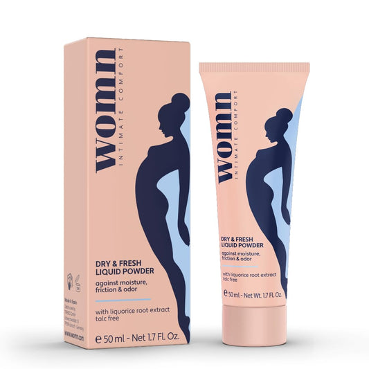 womn Intimate Comfort DRY & FRESH LIQUID POWDER – Talc-Free Anti-Chafe Cream for Under-Bust, Thighs & Groin. Natural Moisture & Friction Control, 1.7 Fl. Oz.