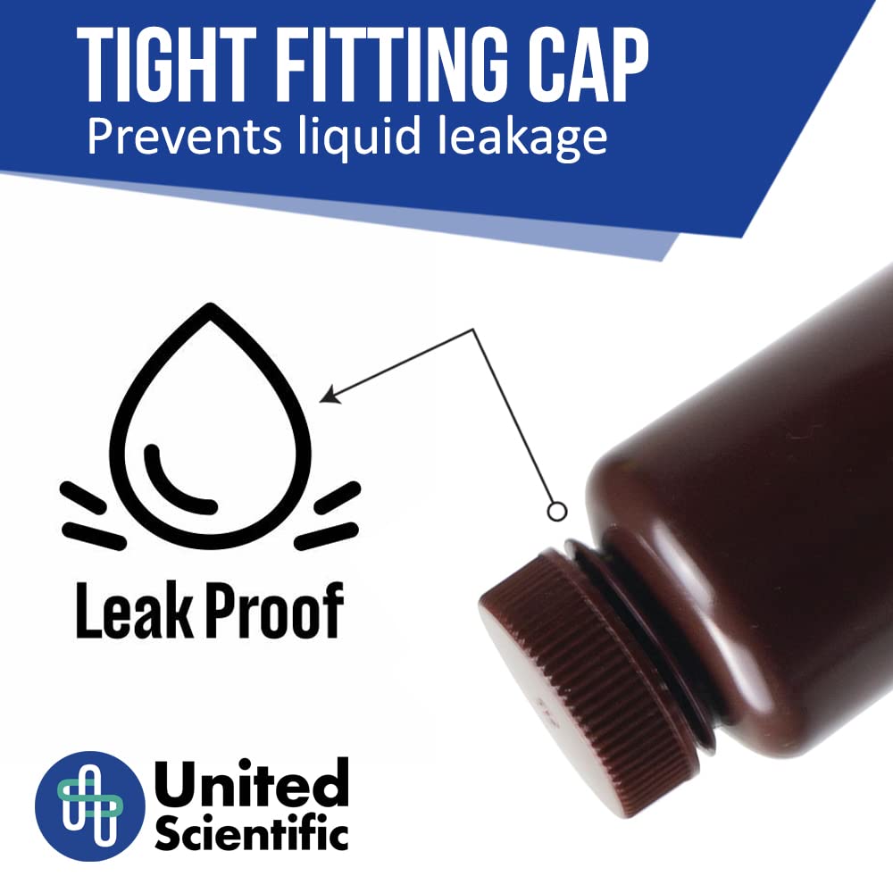 United Scientific® - Sample Containers with Lids - Amber HDPE Wide Mouth Reagent Bottle - Chemical Container - 8 oz Bottles (250mL) Multi-Purpose Plastic Bottles with Lids, Pack of 12