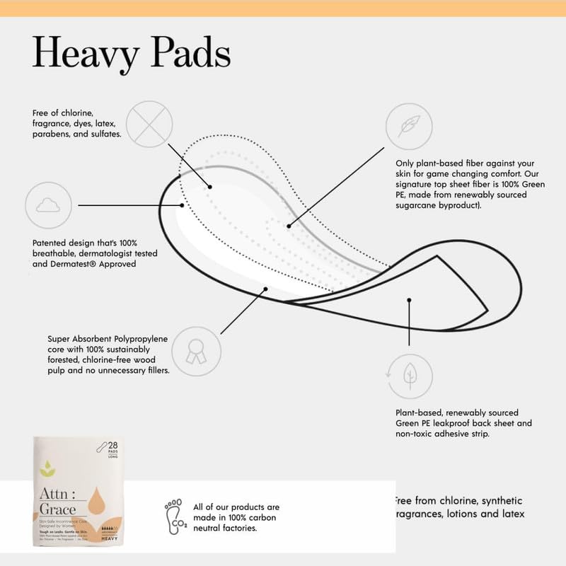 Attn: Grace Moderate and Heavy Incontinence Pads for Women (28 Pads Per Pack/56 Total) - High Absorbency Sensitive Skin Protection for Bladder Leakage or Postpartum/Discreet, Breathable, & Plant-Based