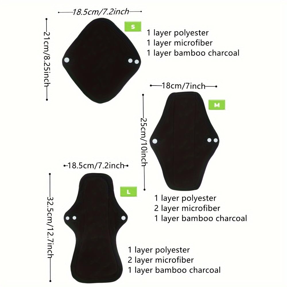 Black Snaps Soft Adjustable Snaps Cloth Reusable Menstrual Pads - Reusable Sanitary Pads | Reusable Panty Liners | -9 pcs Three Size Cloth Sanitary Pad with 1 Bag(3331纯黑)