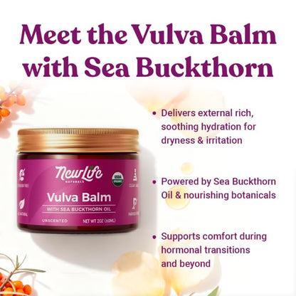 NewLife Naturals Certified Organic Vulva Balm w/Sea Buckthorn- Itching Dryness Irritation Menopause Support, Postpartum Essentials, Vaginal Moisturizer | All Natural Intimate Feminine Care - 2oz USA