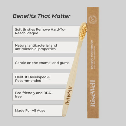 RiseWell Soft Bamboo Toothbrush – Soft Brush for All Ages, BPA-Free, Sustainable, Natural Bamboo Handle, Gentle on Gums, Made by Dentist Toothbrush