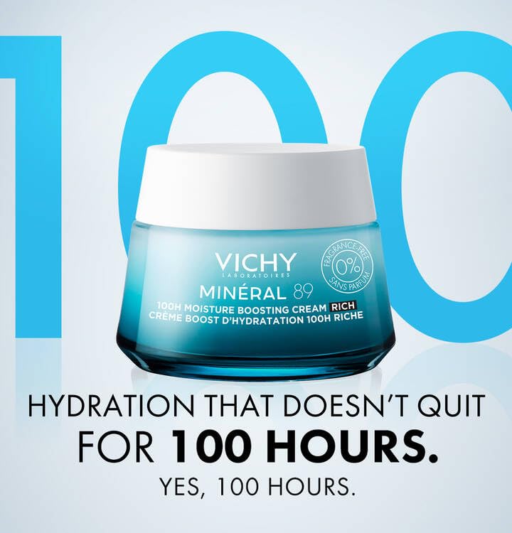 VICHY Mineral 89 Rich Cream, 100H Moisture Boosting Cream, Hydrating Face Moisturizer with Hyaluronic Acid, Niacinamide and Lipids, Daily Face Moisturizeer with Rich Texture for Dry Skin