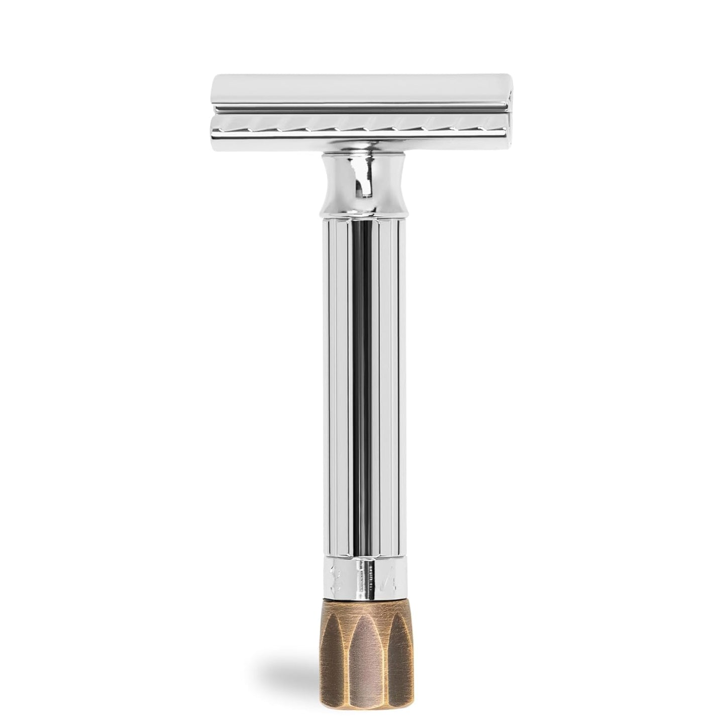 MERKUR Adjustable Safety Razor 500C - Antique, Shiny Chrome/Brass, Two-Piece Premium Razor with Straight Cut, Ideal for Wet Shaving, Die-Cast Zinc, Brass Handle, Made in Germany
