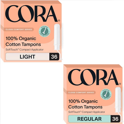 Cora Organic Applicator Tampons | Regular & Light Absorbency | 100% Organic Cotton, Unscented, BPA-Free Compact Applicator | Leak Protection | Packaging May Vary | 72 Total