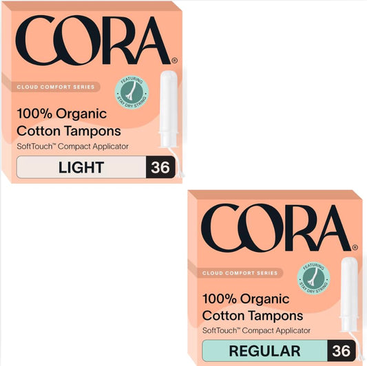 Cora Organic Applicator Tampons | Regular & Light Absorbency | 100% Organic Cotton, Unscented, BPA-Free Compact Applicator | Leak Protection | Packaging May Vary | 72 Total