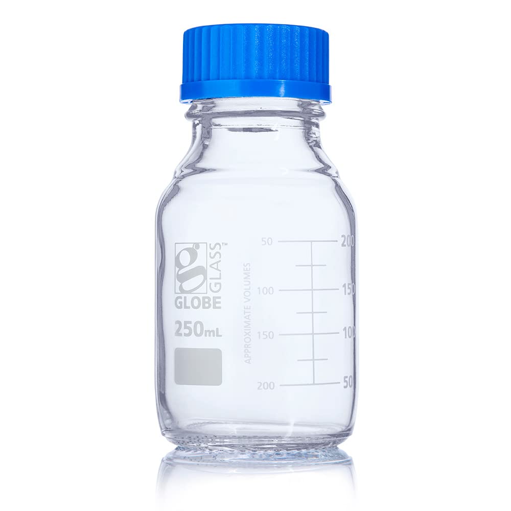 Media Bottle, Globe Glass, 250mL, GL45 Screw Cap, 3.3 Borosilicate Glass, Dual Graduations, 10/Box
