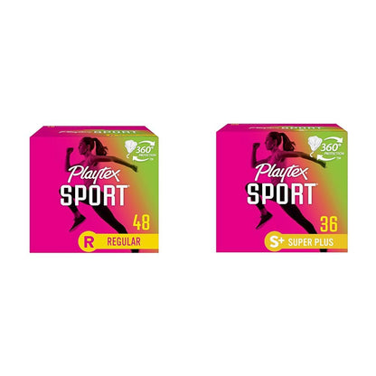 Playtex Sport Tampons, Regular Absorbency, Fragrance-Free - 48ct (Packaging May Vary) & Sport Tampons, Super Plus Absorbency, Fragrance-Free - 36ct