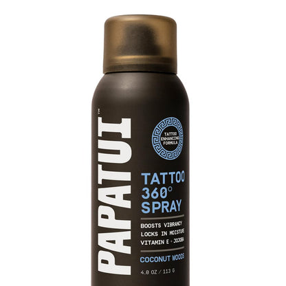 PAPATUI by Dwayne Johnson 360° Tattoo Spray | Revitalize, Protect and Brighten Tattoos | Non-Greasy, Fast-Absorbing Formula | Made with Vitamin E | Coconut Woods | 4oz