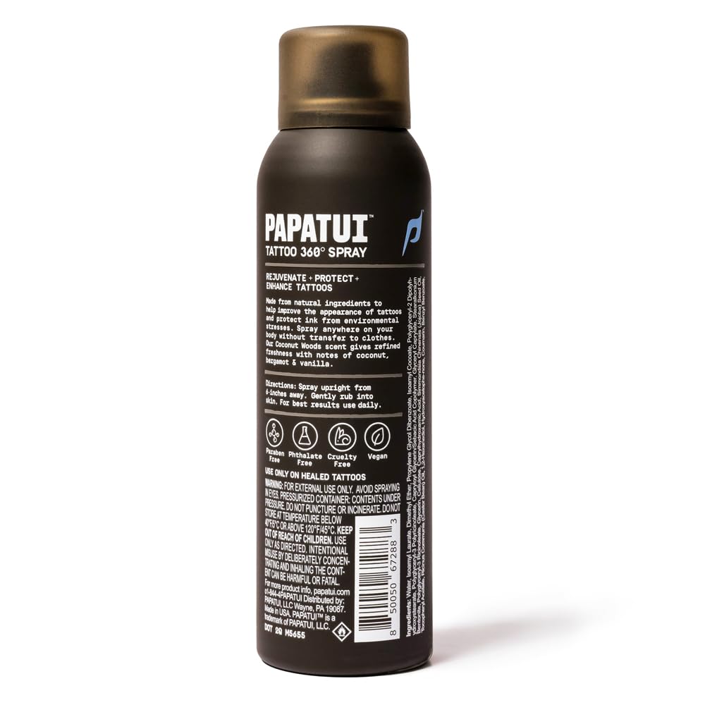 PAPATUI by Dwayne Johnson 360° Tattoo Spray | Revitalize, Protect and Brighten Tattoos | Non-Greasy, Fast-Absorbing Formula | Made with Vitamin E | Coconut Woods | 4oz